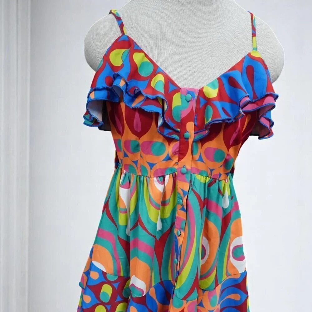 Vintage Psychedelic Ruffle Mini Dress Y2K Festival Rave Coachella S